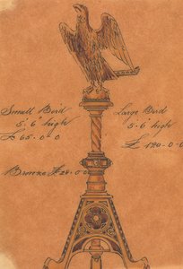 Diseños realizados para Jones y Willis, metalúrgicos y fabricantes de muebles para iglesias de Birmingham y Londres.