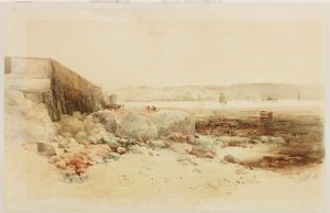 Escena portuaria (lápiz y acuarela sobre papel pegado en cartulina) de George Edward Horton