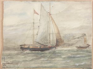 Barco de vela (acuarela, carboncillo y acuarela sobre tabla)