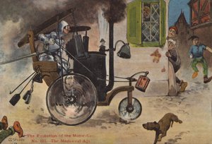 La evolución del automóvil: la época medieval (litografía en color)
