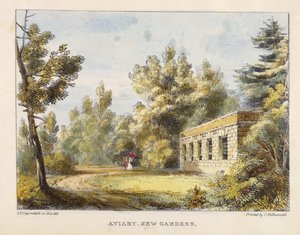 Aviario, Jardines de Kew, lámina 10 de Jardines de Kew: Una Serie de Veinticuatro Dibujos en Piedra, grabado por Charles Hullmandel (1789-1850) publicado 1820
