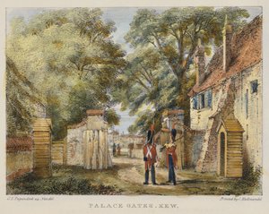 Puertas del Palacio, Kew, lámina 3 de Jardines de Kew: Una serie de veinticuatro dibujos en piedra, grabado por Charles Hullmandel publicado en 1820