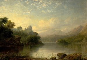 Escena de lago con castillo en ruinas y montañas, siglo XIX de George F. Buchanan