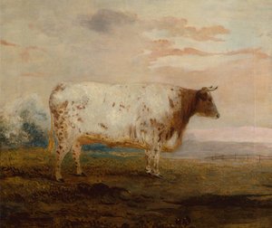 Juno, una vaca roja de cuernos cortos en un extenso paisaje (óleo) de George Garrard