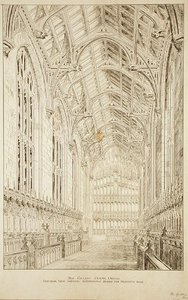 Capilla del New College: vista interior que muestra el diseño alternativo para el techo propuesto de George Gilbert Scott