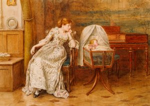 Un interior con una madre y un niño de George Goodwin Kilburne