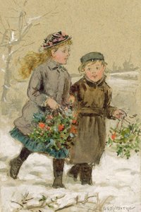 Niños jugando en la nieve - Recogiendo acebo de George Goodwin Kilburne