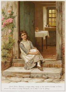Sarah Shilton, prototipo de Caterina, sentada cantando en la puerta de su madre en Coton, atrae la atención de Lady Newdegate y es llevada a vivir a Arbury de George Goodwin Kilburne