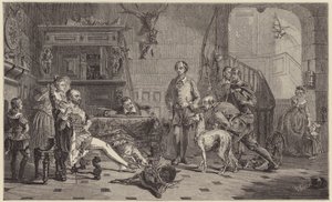 Shakespeare llevado ante Sir Thomas Lucy por cazar ciervos (grabado)