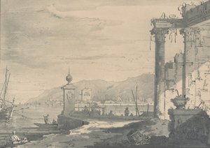 Una escena costera con una ruina clásica a la derecha, 1811 de George Hawkins