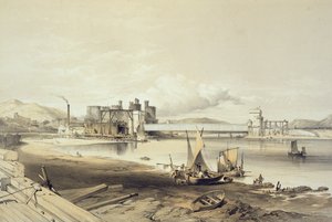 Puente de Conway, construcción del segundo tubo, septiembre de 1848, grabado por el artista de George Hawkins