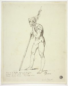 Hombre de pie en armadura sosteniendo una lanza de George Hayter