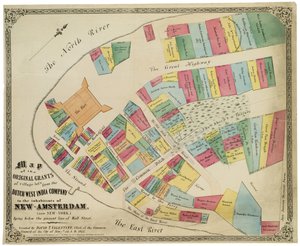 Mapa de las concesiones originales de lotes de aldeas de la Compañía Holandesa de las Indias Occidentales a los habitantes de Nueva Ámsterdam (ahora Nueva York) debajo de la línea actual de Wall Street, 1857 de George Hayward