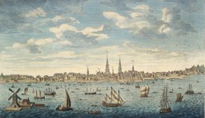 Vista prospectiva este de la ciudad de Filadelfia, en la provincia de Pensilvania, en América del Norte: tomada desde la orilla de Jersey, pub. Londres, 1774 (grabado coloreado a mano)