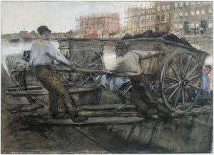 Obreros tirando de un carro muy cargado en Jacob van Lennepkade, Ámsterdam