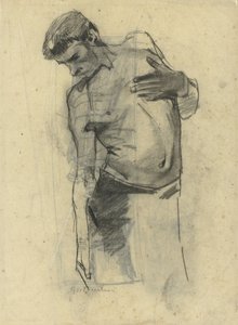 Estudio de modelo de hombre semidesnudo de pie, mirando hacia abajo de George Hendrik Breitner