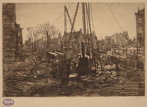 Escena en una ciudad neerlandesa con una hinca pilotes en primer plano de George Hendrik Breitner