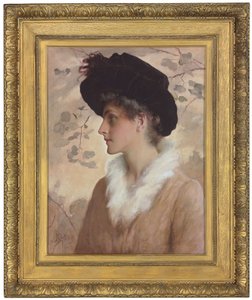 Retrato de una dama, medio cuerpo, con sombrero negro y estola de piel, 1888 de George Henry Boughton