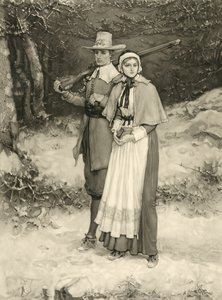 Pareja puritana camino a la adoración dominical