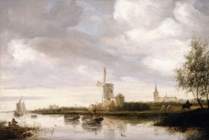 Un paisaje fluvial con barcazas y veleros y una iglesia al fondo de George Henry Clements