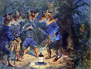 "El Sr. Lapinot lo oye todo", ilustración de "Los Juegos Olímpicos de los Animales", c.1910 (litografía en color)
