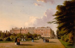 Vista de la fachada sur del palacio de Hampton Court desde el Broad Walk, c.1827-49 (óleo sobre lienzo) de George Hilditch