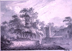 Un camino rural con viajeros junto a una torre, construida en un acantilado rocoso, en Marino, cerca del lago Albano de George Howland Beaumont