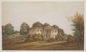 Una casa de jardín paladiana en un paisaje similar a un parque, Delhi, con un carruaje y escoltas acercándose de George Hutchinson