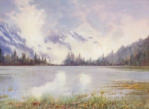 Lago de Champex en una zona nubosa a finales de mayo; Caltha palustris y Primula farinosa en la orilla (litografía en color). de George Jackson Flemwell