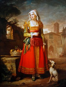 Retrato de una dama, de cuerpo entero, vestida con traje italiano