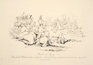 Batalla de Ligny: Marshall Blucher aturdido por la violenta caída quedó enredado bajo su caballo, pub J. Booth, 1816 de George Jones