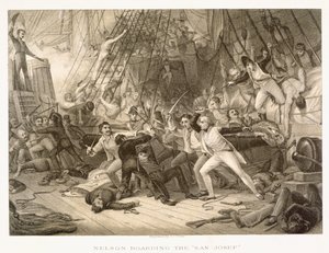 Horatio Nelson abordando el San Josef en la Batalla del Cabo de San Vicente, 14 de febrero de 1797, grabado por John Crew después del original en la Colección del Hospital de Greenwich de George Jones