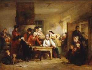 La casa de fumadores en el Hospital de Chelsea: Pensionistas describiendo la batalla de Corunna, 1834 de George Jones