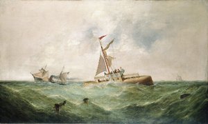 El transporte de la Aguja de Cleopatra (apodo dado a un obelisco egipcio que data del reinado del faraón Tutmosis III (XVIII dinastía)), a Inglaterra, en 1877. de George Knight