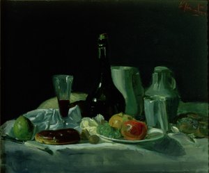 Naturaleza muerta - Botella y fruta de George Leslie Hunter