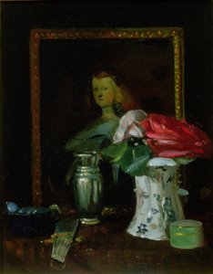 Bodegón de rosas, retrato, jarrón y abanico