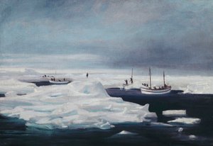 El James Caird, Dudley Docker y Stancomb Wills amarrados al témpano de hielo en el mar de Weddell, abril de 1916