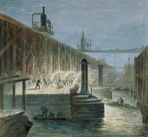 Trabajos de demolición en el puente Blackfriars desde la orilla de Surrey, Londres, 1865 de George Maund
