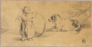 Niño jugando con pelota y perro de George Morland