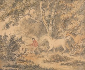 Paisaje con caballos, granjero y perro