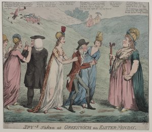 Madre Windsor con cuatro de sus cortesanas, ordena a sus chicas arrestar al obispo de Durham y al duque de Queensbury, 1798
