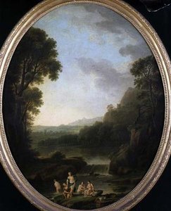 Un paisaje boscoso con bañistas de George Mullins