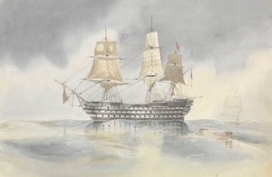 El "Britannia" viró en calma para recibir a un barco, probablemente cerca del Cabo Cartago, que enarbolaba la bandera del Contraalmirante Dundas, 27 de abril de 1852.