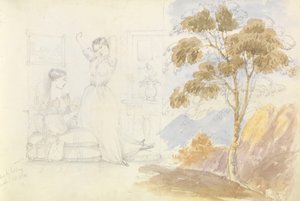 Dibujo de dos mujeres jóvenes, una sentada y leyendo y la otra estirándose y bostezando (dibujado por Lord Bury) con el dibujo de un árbol al lado.