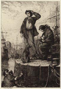 Una joven familia emigrante esperando en los muelles