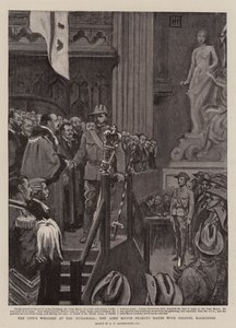 La Bienvenida de la Ciudad en el Guildhall, el Alcalde estrechando la Mano del Coronel Mackinnon de George Percy Jacomb Hood