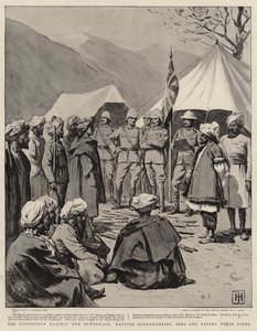La expedición contra los Bunerwals, nativos entregando armas y pagando sus multas de George Percy Jacomb Hood