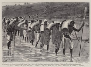 El Comercio de Marfil en África Oriental, una Caravana en su Camino a la Costa cruzando un Río en Uganda