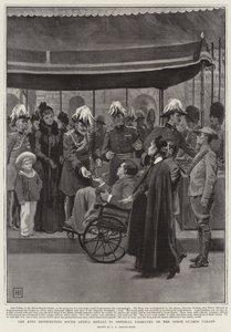 El rey distribuyendo medallas de Sudáfrica a la Caballería Imperial en el Desfile de la Guardia de Caballos de George Percy Jacomb Hood