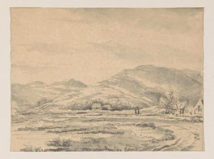 Paisaje de colinas con algunas casas y un río a la izquierda